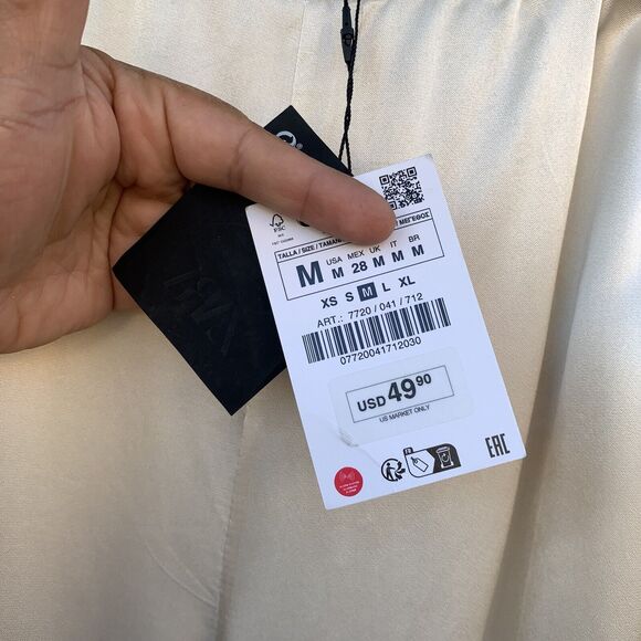 ZARA Pants Womens Sz Medium Ivory Lingerie Satin Cream High Rise Elastic Waist - Picture 10 of 13